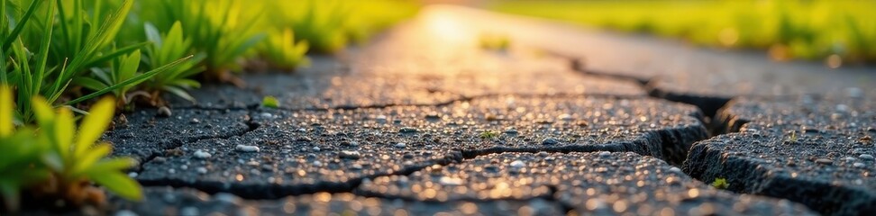 Cracked asphalt path, sun-baked, weeds sprout , street, lane