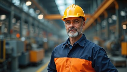 Industry maintenance engineer in uniform, hard hat works at factory station. Manufacturing industrial machinery equipment ensure safety work production automation repair inspection. Tech process