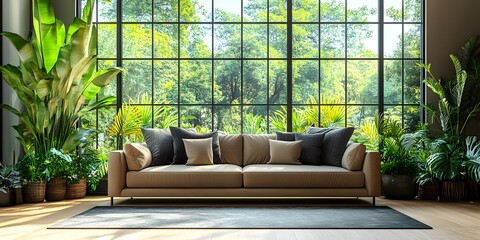 Fototapeta premium A modern, simple living room with large windows overlooking a lush garden, evoking calm and sustainability. Perfect for ads or articles on eco-friendly living and minimalist interior design.