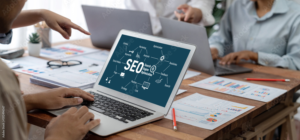 Poster SEO search engine optimization for brisk e-commerce and online retail business showing on computer screen