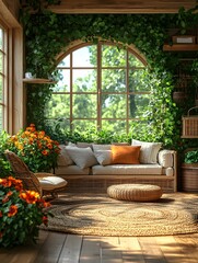 Obraz premium A modern, simple living room with large windows overlooking a lush garden, evoking calm and sustainability. Perfect for ads or articles on eco-friendly living and minimalist interior design.