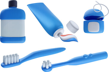 Set of dental care tools for cleaning teeth. Toothpaste, floss, mouthwash, toothbrush in 3d glossy style. Vector 3d illustration for kids.