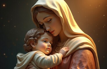 Image shows Blessed Virgin Mary holding infant Jesus Christ. Mother of God in Catholic religion, Madonna. Religion faith, Christianity, saints, holy divinity, immaculate conception, motherhood, love. © miss irine