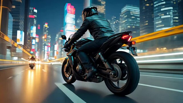 Motorcyclist speeding through a futuristic neon-lit city at night
