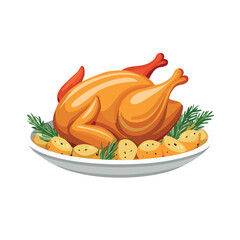 a cartoon illustration of a roasted chicken in a white dish surrounded by roasted potatoes, herbs, glossy, crispy skin, partially turned away, flat design, bright colors, white background. © Erkan