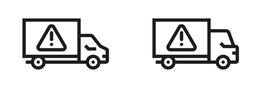 Delivery truck with warning or caution sign. Delivery is delayed icon. Concept of delivery issues, logistics problems, or transportation risks. Vector set