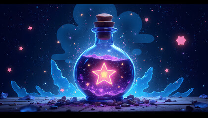 Magical potion bottle with glowing star against starry night background