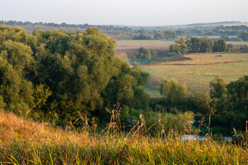 View of the river valley from the top of the hill. The river valley on a sunny day in late summer. Trees grow along the river bed.