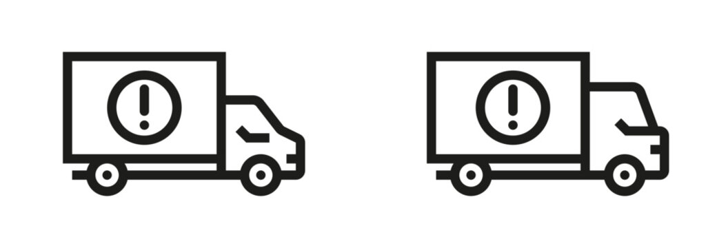 Delivery truck with warning or caution sign. Delivery is delayed icon. Concept of delivery issues, logistics problems, or transportation risks. Vector set