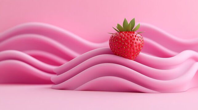 Strawberry rests on pink frosted waves, background blurred. Use for blog header/food product promo