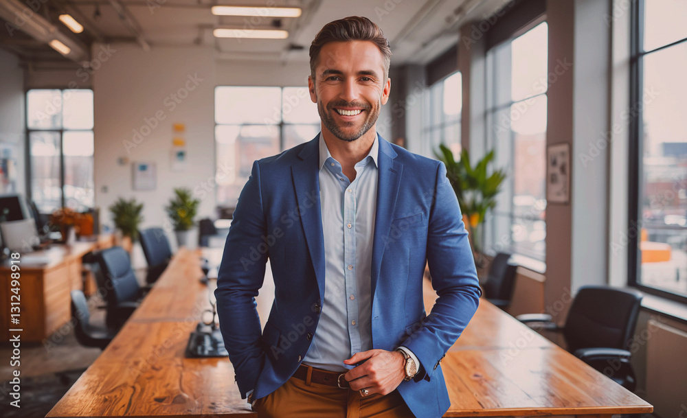Poster man in a blue suit and brown pants is smiling for the camera. he is standing in front of a wooden ta