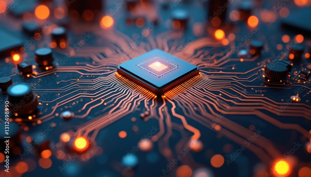 Aufkleber Electronic circuit board with processor and glowing orange traces. Artificial intelligence tech, machine learning, neural networks concept. Futuristic microchip design for high tech background.