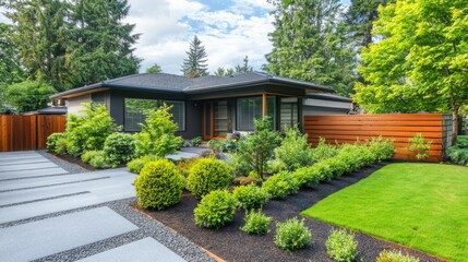 Obraz premium Beautiful modern house with landscaped garden in a peaceful residential area surrounded by trees