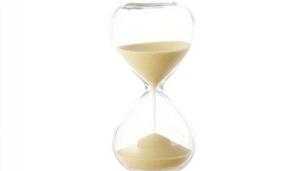 Clear hourglass with light beige sand, flowing in studio