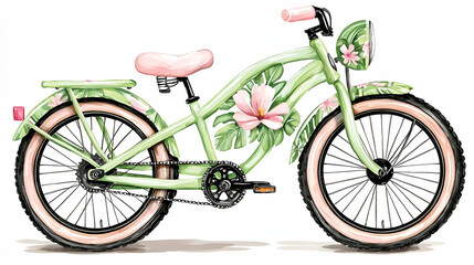 Fototapeta premium Vintage-style bicycle with floral design in soft pastel colors, perfect for summer rides, presenting charm and elegance in outdoor adventures