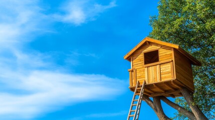 Wooden treehouse with ladder under a clear blue sky surrounded by lush green trees