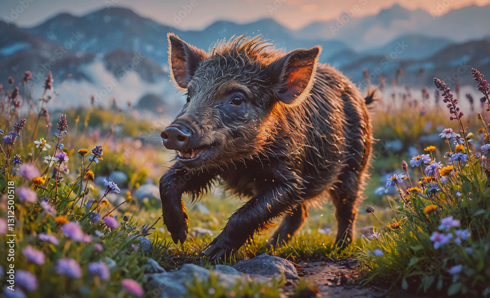 Poster Pig is running through a field of flowers. The pig is dirty and has a happy expression on its face. The scene is peaceful and serene, with the pig enjoying the beauty of the flowers and the natural