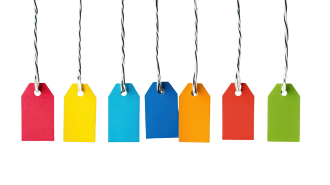 Colorful hanging tags on transparent background for easy isolation