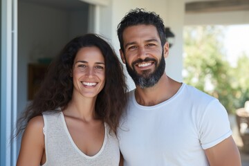 Fototapeta premium A man and woman are smiling for the camera. The man has a beard and the woman has long hair