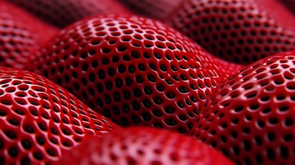 Strawberry surface close-up, skin texture. Bright red color. Background blur. Food illustration