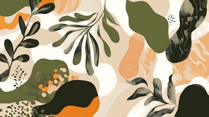 Abstract art featuring stylized plants and organic shapes in muted earth tones