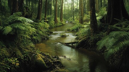 Obraz premium Tranquil rainforest creek flowing through lush foliage