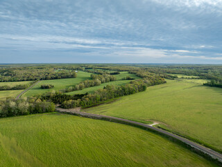 Missouri countryside along the Bourbeuse River new Rosebud, springtime aerial view