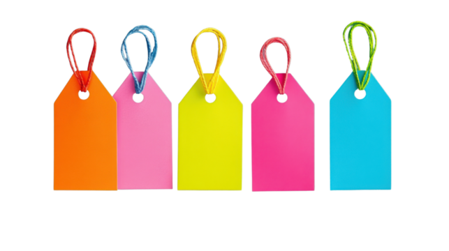 Five colorful blank tags hanging with transparent background