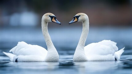 Obraz premium Two swans facing each other in water