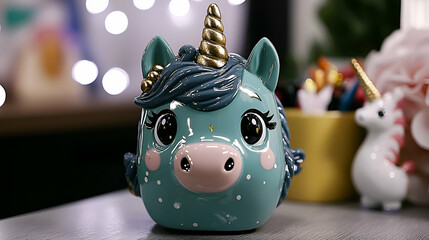 Obraz premium Cute ceramic unicorn bank with colorful details and glossy finish, perfect for playful home decor and children's rooms featuring a magical theme