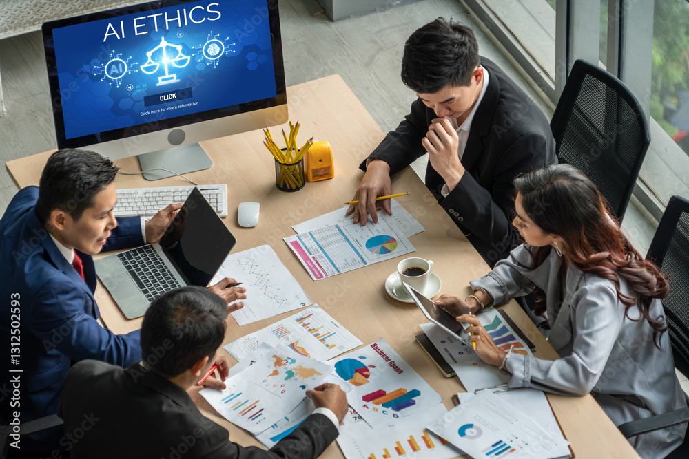 Poster ai ethics responsibility standard law and rules on computer screen provide report of ai ethic transp