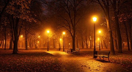 Walking Path at Night Illuminated by Warm Street Lights in Autumn