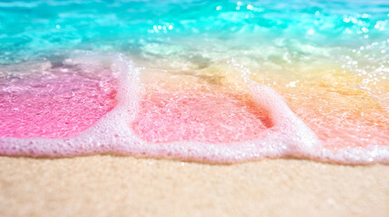 Obraz premium Serene pastel waves gently lap the shore, blending pink, blue, and yellow hues against soft golden sand with sunlight glistening on the surface