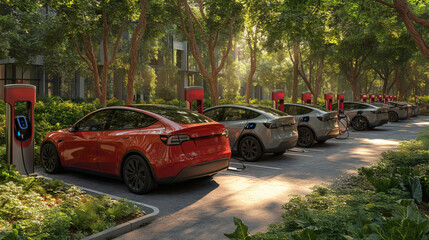 Fototapeta premium Electric Cars Parked at Charging Stations in a Lush Park Setting