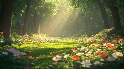 Fototapeta premium A sunlit clearing displays colorful wildflowers in a lush forest