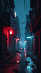Naklejka premium gloomy alleys cyberpunk city lit neon lights amidst dark gritty urban landscape