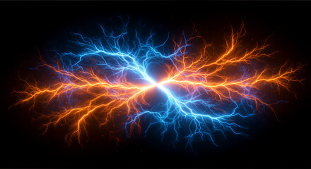 Vibrant digital visualization of electric energy with contrasting blue and orange lightning bolts against a black background, creating a powerful visual representation of opposing forces.