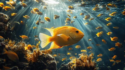 underwater view of a large school of fish in their natural ocean habitat