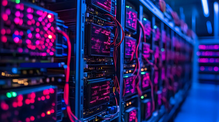 Pink and Purple Lit Data Center Server Racks