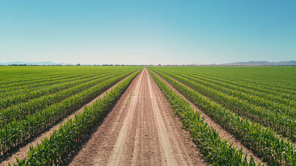 Serene Cornfield Rows A Rural Dirt Road Through Lush Green Crops
