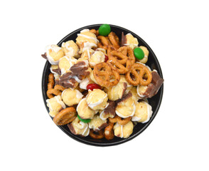 Stack chocolate popcorn in wooden bowl on white background