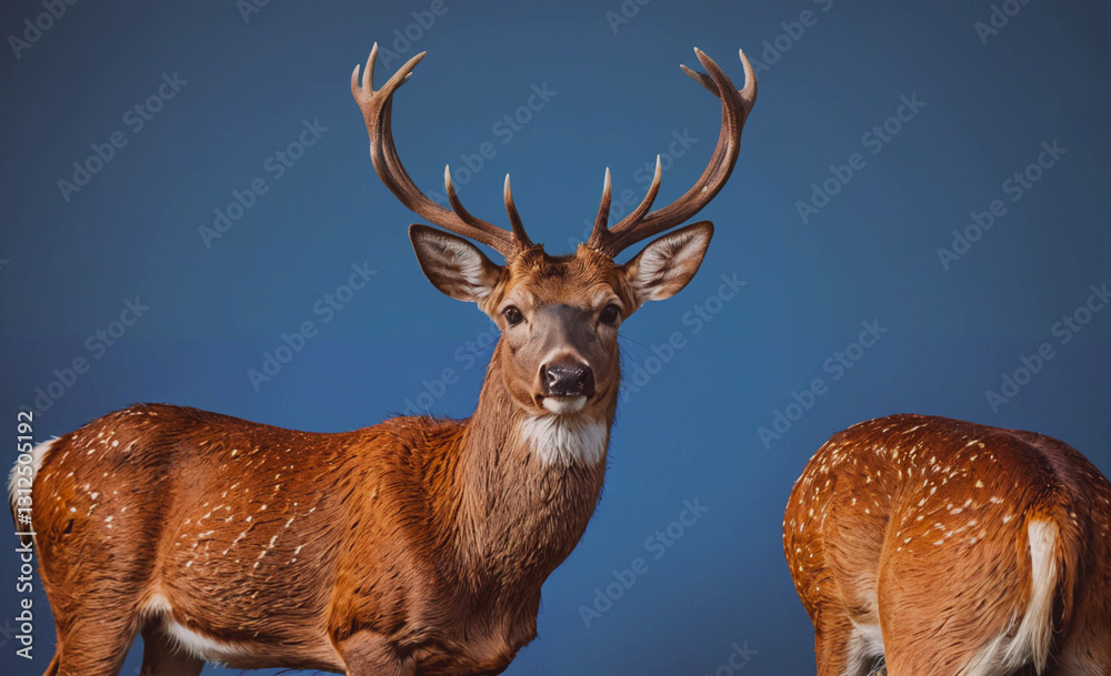Poster two deer standing next to each other with one of them having its head down. the other deer has its h