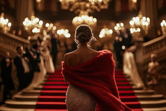 stylish woman steps onto red-carpeted staircase adjusting her cherry-red faux fur stole as golden chandeliers glow