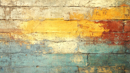 Fototapeta premium Colorful weathered brick wall with yellow, red, and blue paint layers