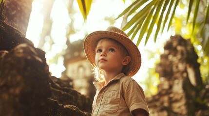 Young caucasian child in straw hat exploring sunlit ancient ruins