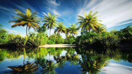 Obraz premium Tropical paradise, calm river, palm trees, serene beach, vibrant sky reflection