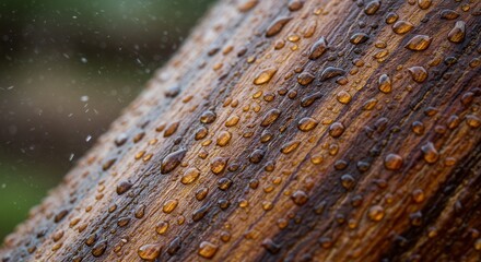 Fototapeta premium Water Droplets on Wood Surface After Rain with Green Background
