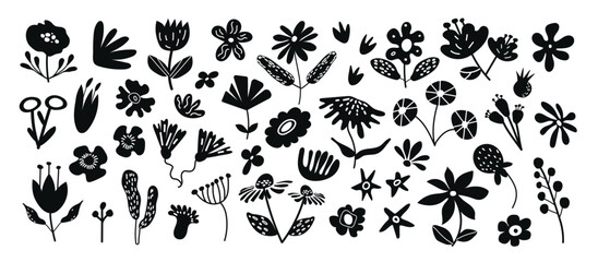 Abstract Floral Vector Set. A collection of black vector silhouettes featuring various flowers, leaves, and botanical cutout shapes. Perfect for decorative stickers and design projects.