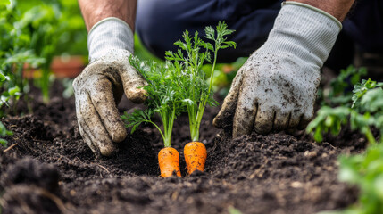 Fototapeta premium Gardening scene: hands planting young carrots in rich soil.