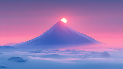 Pink And Purple Sunset Over A Snowy Mountain Peak
